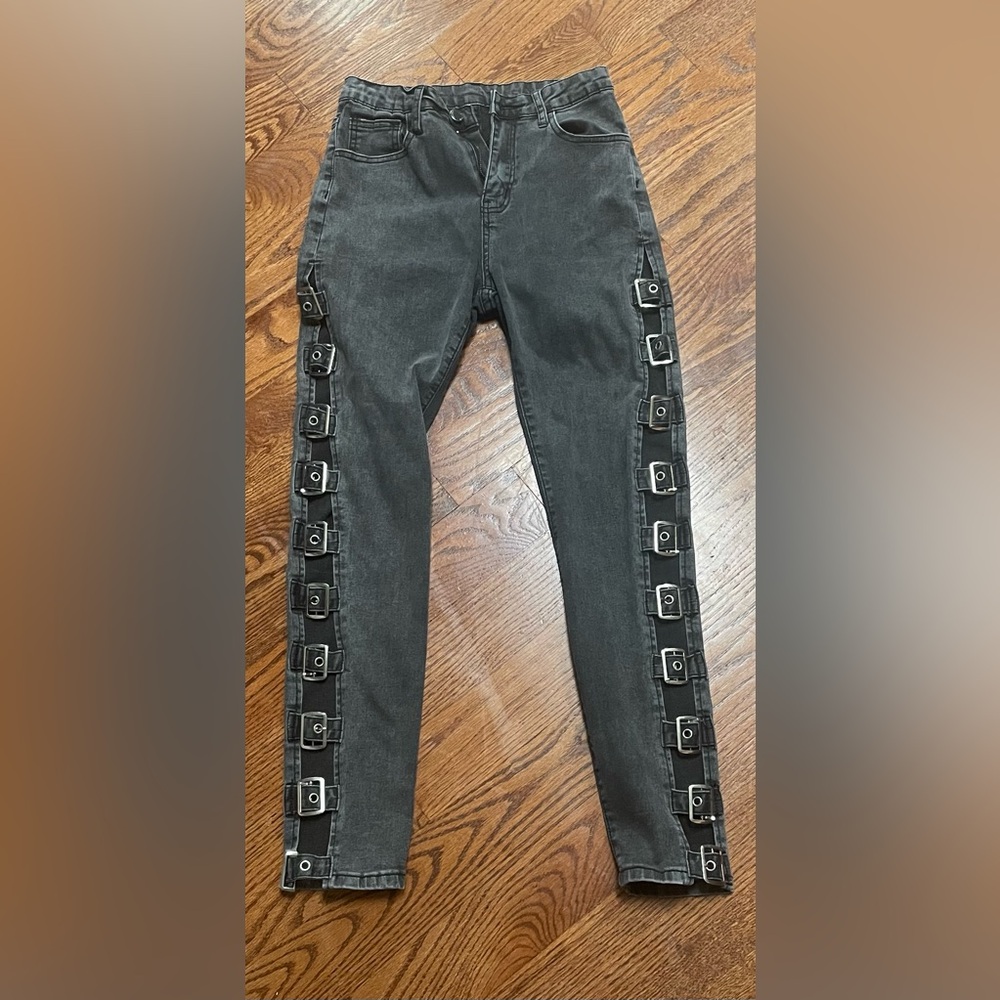 Edgy Charcoal Skinny Jeans with Buckle Straps